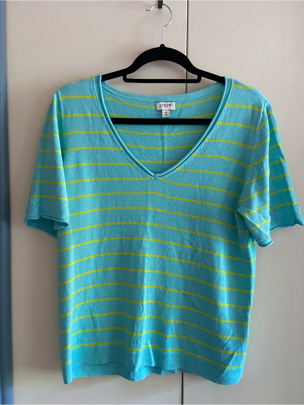 J. Crew Aqua V-Neck Short Sleeve Stripe Sweater